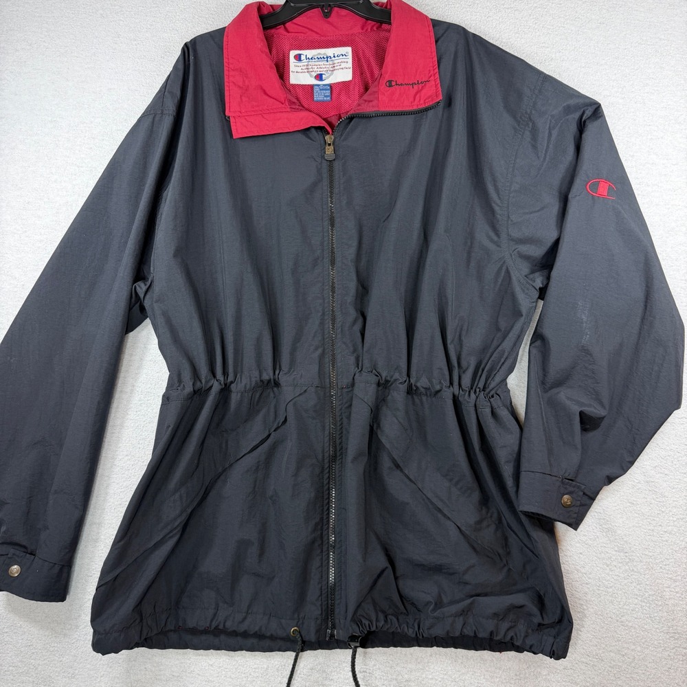 Vintage Champion Windbreaker Jacket XL Black Red Full Zip Mesh Lined 90s Sport
